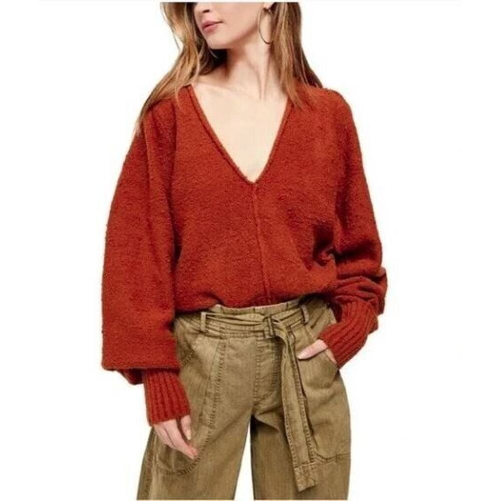 Free People Women's Reverie V-Neck Sweater‎ in Burnt Butter XSmall MSRP $108